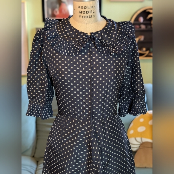[Handmade - Jane Overland] Vintage Navy Polkadot Midi Dress with Pleats | Medium - Picture 4 of 16